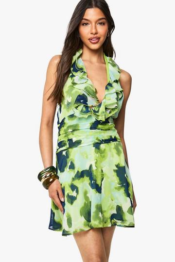 Abstracte Mini Jurk Met Ruches En Halter Neck green