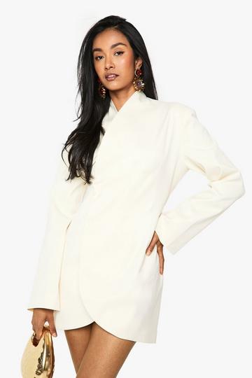 Cream White Tailored Collarless Wrap Blazer Dress
