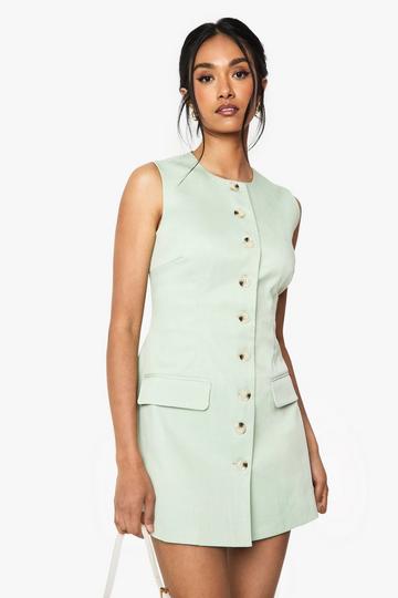 Tailored Button Down Cinched Waist Mini Dress mint