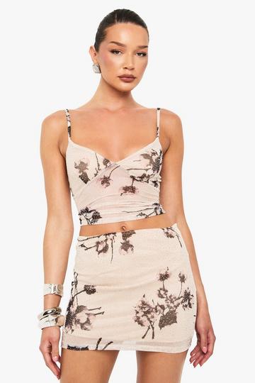 Hot Fix Printed Mesh Lined Flippy A-Line Mini Skirt nude