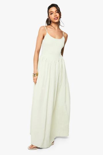 Crinkle Cotton Shirred Strappy Maxi Dress mint