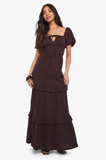 Crinkle Cotton Puff Sleeve Maxi Dress chocolate