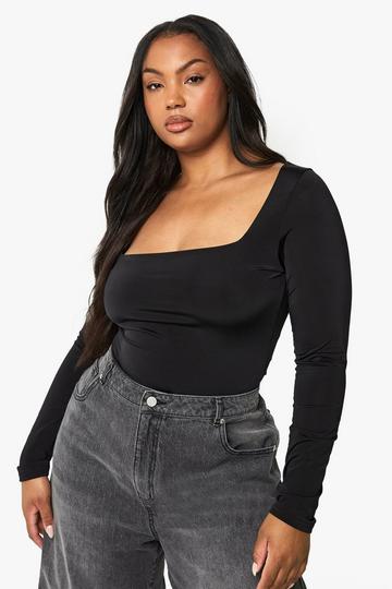 Plus Double Layer Slinky Square Neck Bodysuit black