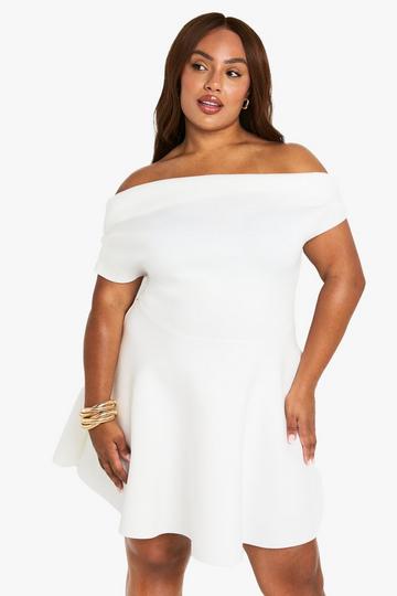 Plus structured bardot mini skater dress white