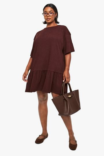 Plus rib drop hem smock dress chocolate