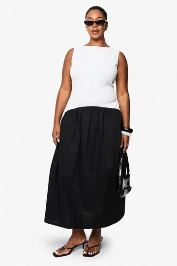 Plus curved waist contrast fabric midaxi dress black