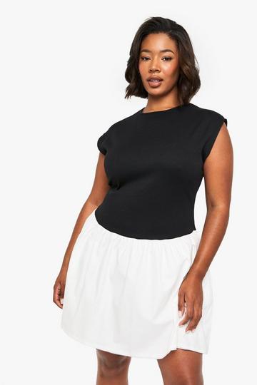 Black Plus contrast fabric cap sleeve skater dress