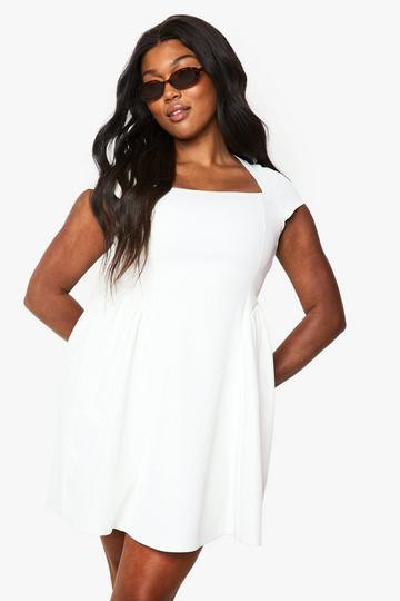Plus structured cap sleeve skater dress white