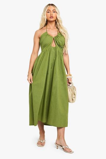 Linen Look Ruched Halterneck Midaxi Dress olive