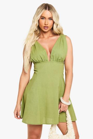Linen Look V Neck Swing Mini Dress olive