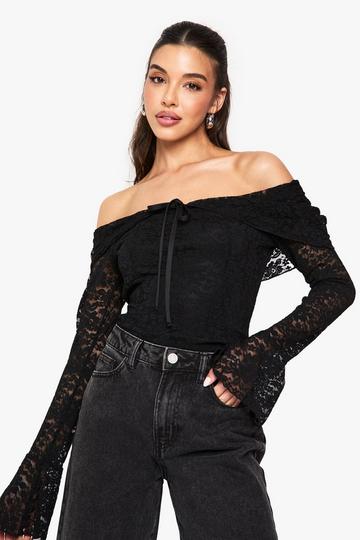 Lace Bardot Tie Detail Long Sleeve Top black