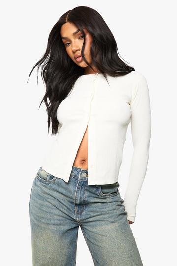 Crinkle Button Through Long Sleeve Top ivory