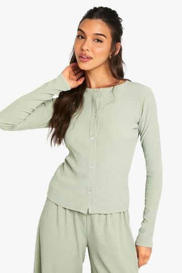 Crinkle Button Through Long Sleeve Top sage