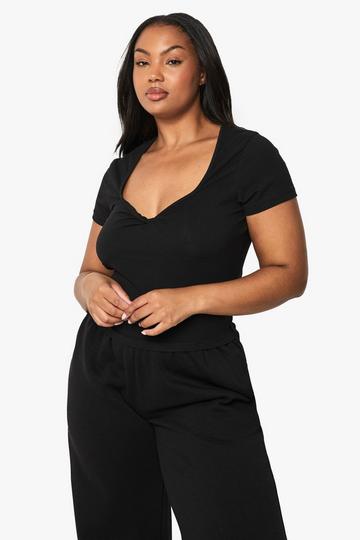 PLUS TWIST FRONT SWEETHEART NECKLINE CAP SLEEVE TOP black
