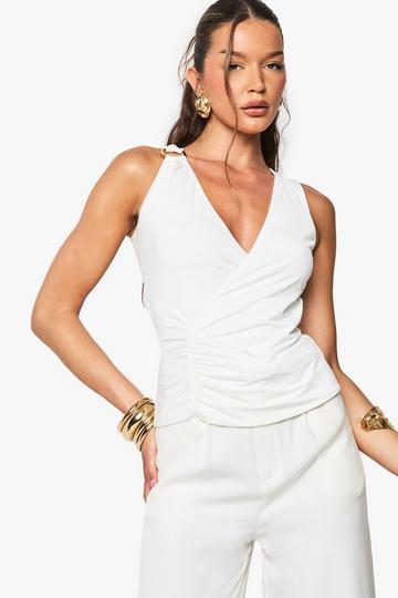 Slinky Plunge Front Top with Trim Detail white