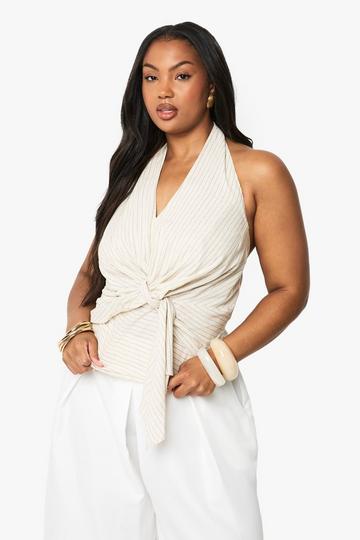 Plus Linen Stripe Halter Tie Front Top stone