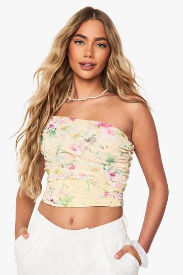 Lemon Yellow Floral Print Mesh One Shoulder Bardot Top