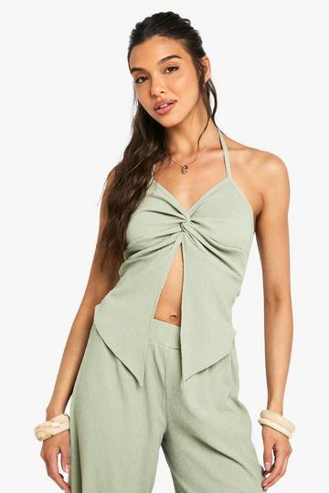 Crinkle Twist Front Halterneck Top sage