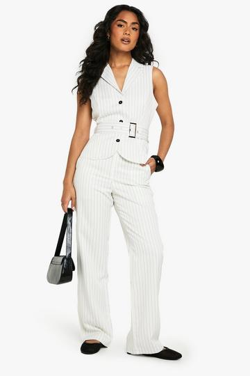 Pinstripe Mid Rise Tailored Wide Leg Trouser white
