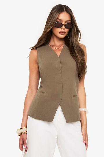 Getailleerde Linnen Long Line Gilet Met V-Hals khaki