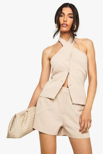 Getailleerde Linnen High Waist Shorts stone
