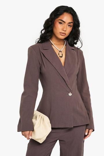 Linen Fitted Wrap Front Blazer chocolate