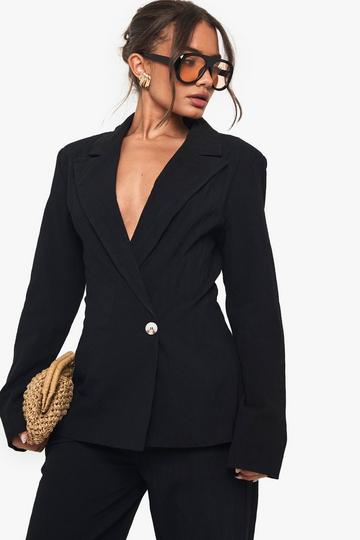 Linen Fitted Wrap Front Blazer black