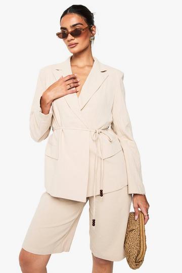 Linen Wrap Over Beaded Tie Detail Blazer stone