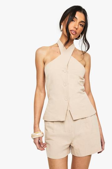 Gekruiste Linnen Gilet Met Halter Neck stone