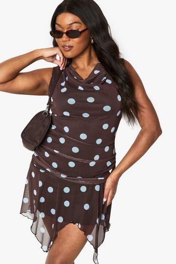 Plus Polka Dot Hanky Hem Mini Dress brown