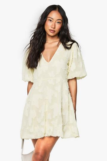 Floral Burnout Plunge Puffball Mini Dress lemon