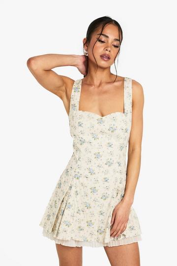 Ditsy Floral Square Neck Pleated Hem Mini Dress ecru