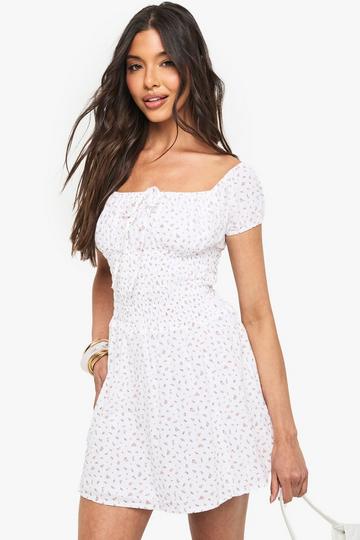 Ditsy Floral Shirred Skater Dress white