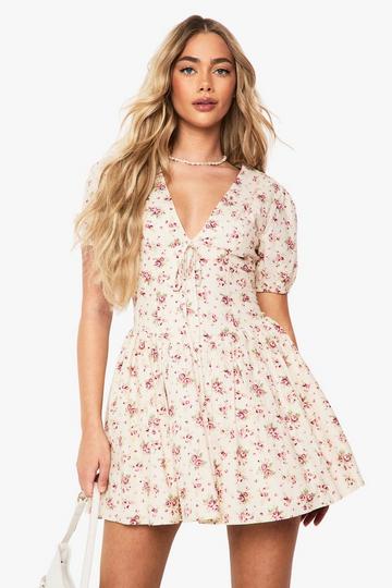 Stone Beige Ditsy Floral Puff Sleeve Milkmaid Mini Dress