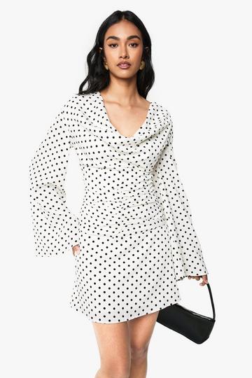 Polka Dot Cowl Neck Ruched Skater Dress white