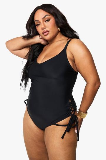 Plus Tummy Control Lace Up Detail Swimsuit black