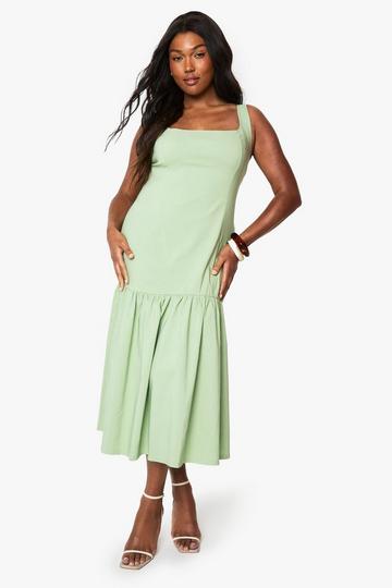 Plus drop hem midaxi skater dress sage