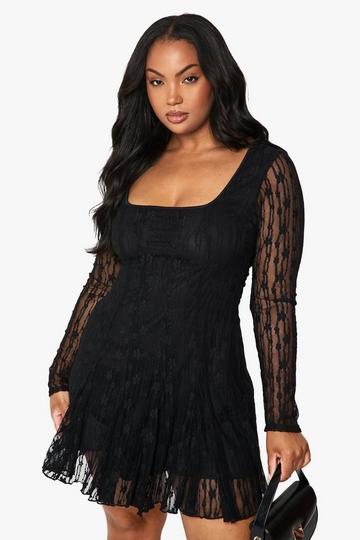Plus lace godet mini skater dress black