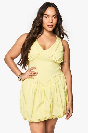 Plus bengaline plunge puffball mini dress lemon