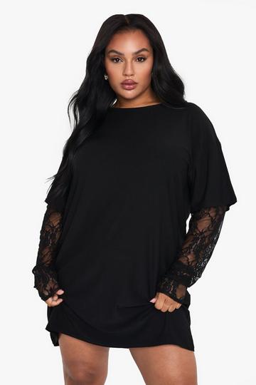 Plus lace sleeve oversized t-shirt dress black