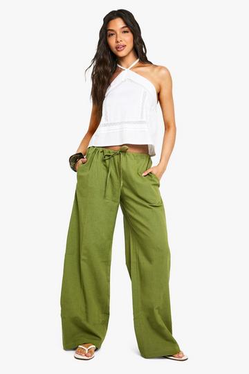 Skinny Waistband Linen Wide Leg Trousers olive