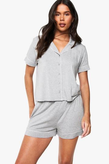 Premium Modal Piping Detail Short Sleeve Shirt & Shorts Pyjama Set grey marl