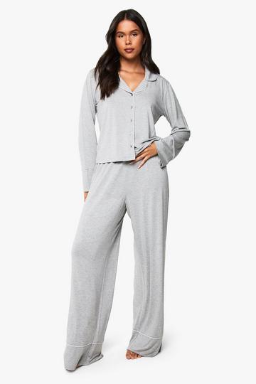 Premium Modal Piping Detail Long Sleeve Shirt & Trousers Pyjama Set grey marl