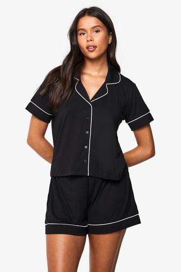 Modal Overhemd Met Korte Mouwen En Pyjama Shorts Set black