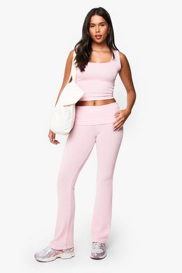 Loungewear Soft Rib Mix & Match Foldover Flared Trousers pale pink