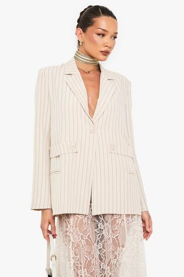 Pinstripe Button Detail Oversized Blazer beige
