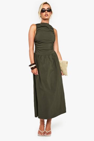 Ruched Drop Waist Sleeveless Midaxi Dress khaki