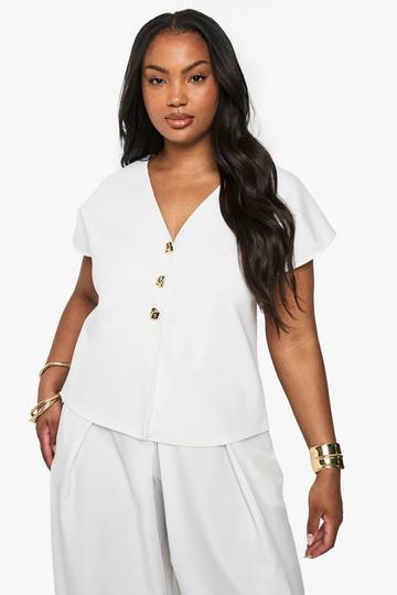 Plus Gold Button Structured Waistcoat white