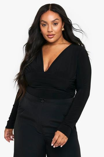 Plus Geplooide Bodysuit Met Laag Decolleté black