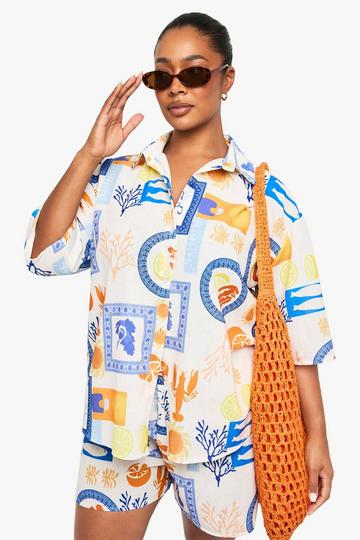 PLUS ABSTRACT PRINT SHIRT AND SHORT CO ORD ivory